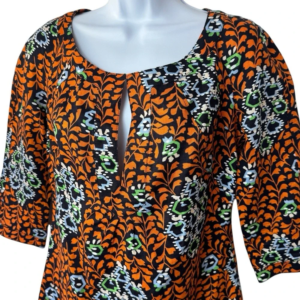 Tory Burch 100% Linen Multicolor Geometric Floral Tunic‎ Blouse Resort Coastal 4